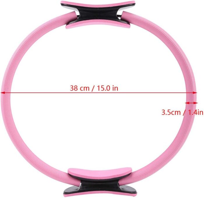 Pink 15-inch pilates ring with dimensions.