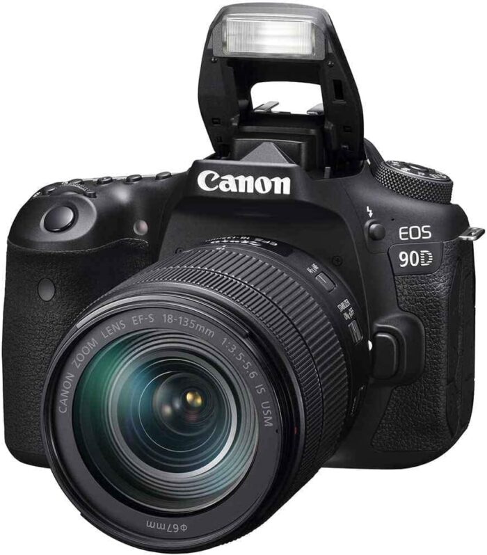 Canon EOS 90D DSLR camera with flash