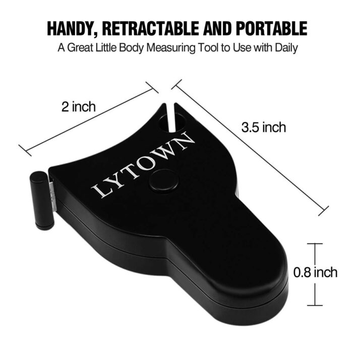 Black retractable measuring tape, compact and portable.