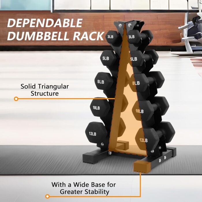 Dependable dumbbell rack with solid triangular structure.