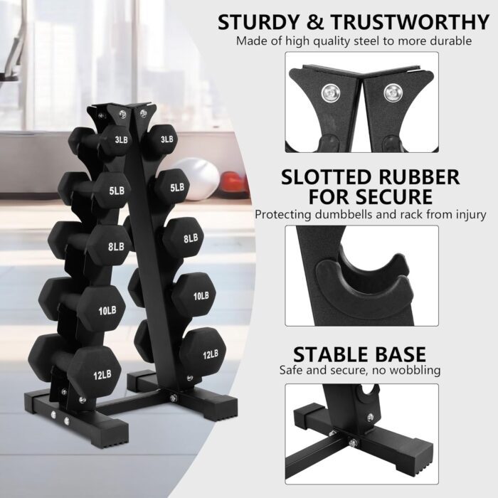 Dumbbell rack with weights, stable and secure design