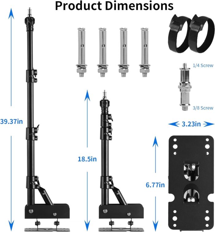 Light stand product dimensions and included components.