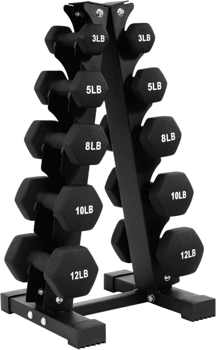 Set of dumbbells on rack