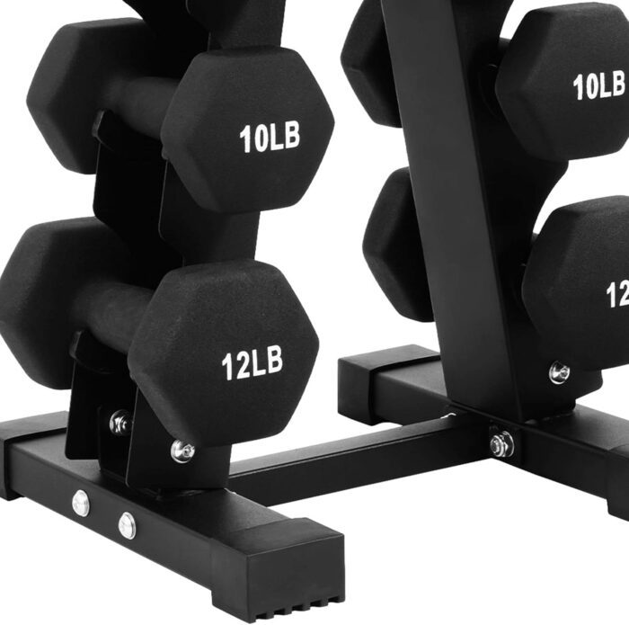 Dumbells on rack, 10lb and 12lb marked