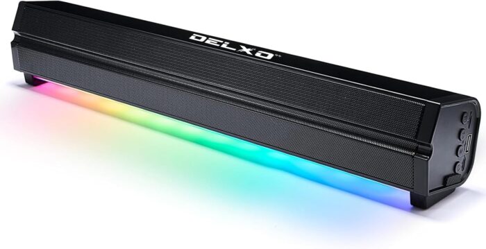 Black soundbar with colorful LED lighting