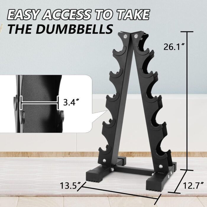 Dumbbell rack with dimensions labeled.